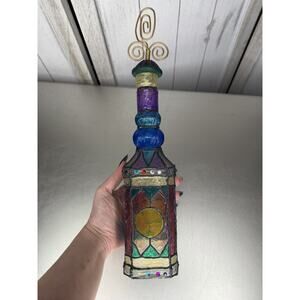 Mosaic Hand Painted Purple Gold Colorful Collectors Bottle Decanter VTG